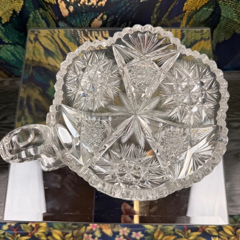 Antique American Brilliant Period Cut Glass Nappy Dish Star Pattern Sawtooth Rim